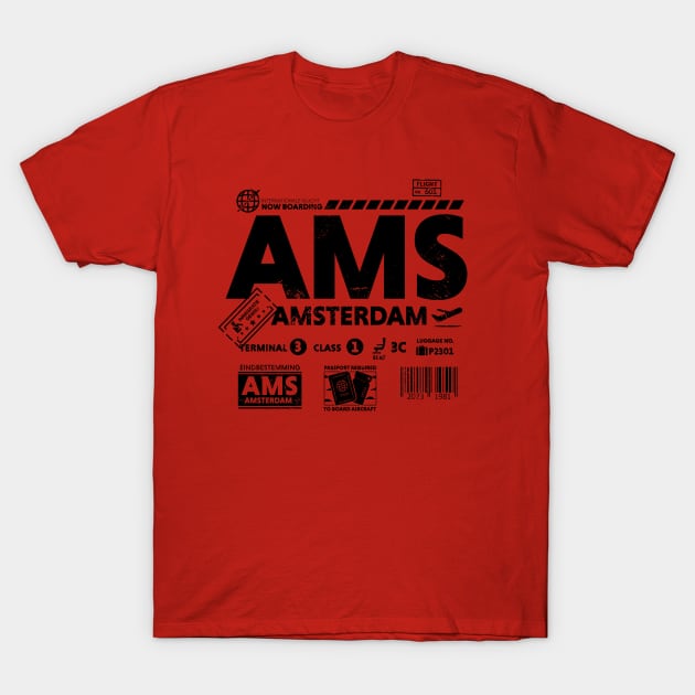 Vintage Amsterdam AMS Airport Code Travel Day Retro Travel Tag Oranje T-Shirt by Now Boarding